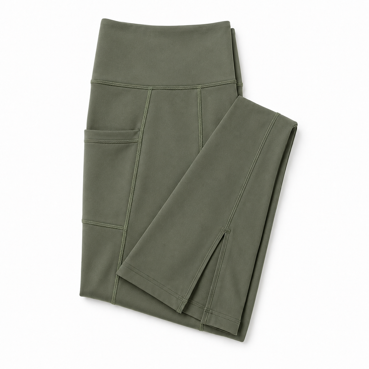 New York Laundry Women's High-Waisted Flare Yoga Pants with Side Pockets and Hem Slits, Olive Green