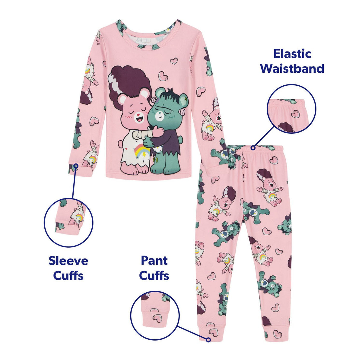 Care Bears Toddler Girls Pink Long Sleeve Pajama Set with Frankenstein and Bride Bear Print Top and Jogger Pants