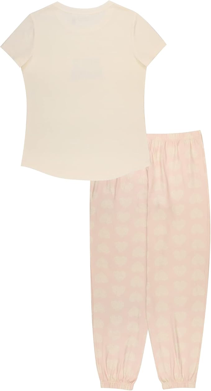 Dearfoams Womens Wild Mama Pajama Set Short Sleeve Graphic Tee and Heart Print Jogger Pants Cream and Pink Sizes S-XL