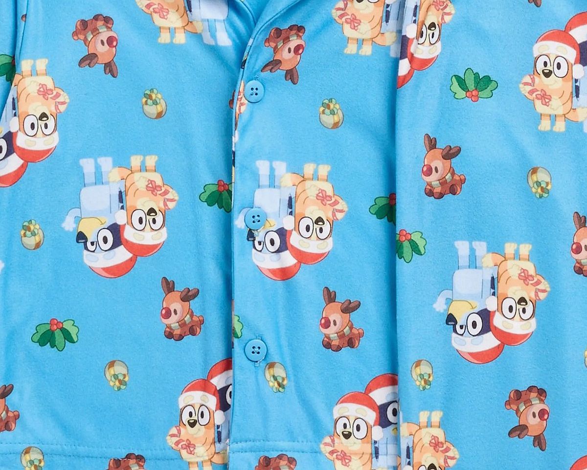 Bluey Kids Christmas Pajama Set Long Sleeve Button-Front Top and Elastic Waist Pants Blue Holiday Print Sleepwear Sizes 4-10