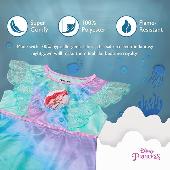 Disney The Little Mermaid Ariel Girls Aqua Nightgown Sleepwear with Shimmer Tulle – Soft Princess Pajamas for Toddlers