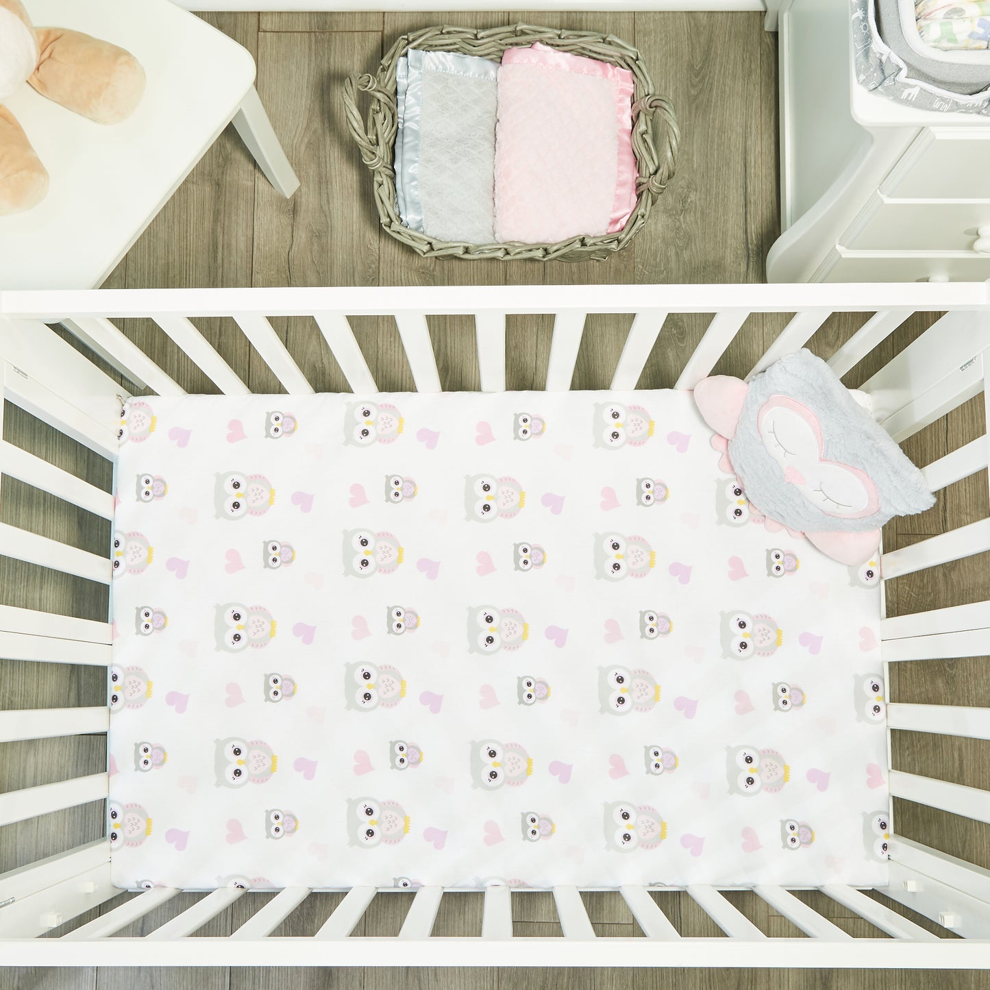 2 Portable Crib/Playard Mattress Sheets - Owls/Pink