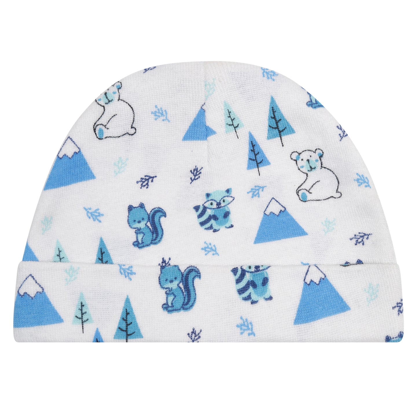 EVERYDAY KIDS 4 Pack of Baby No Scratch Mitten Pairs for Newborns and 4 Pack Baby Boy Hats; Newborn Hats for Boys in Light and Dark Solid Blue and Prints with Stripes and Woodland Fox and Bear Animals