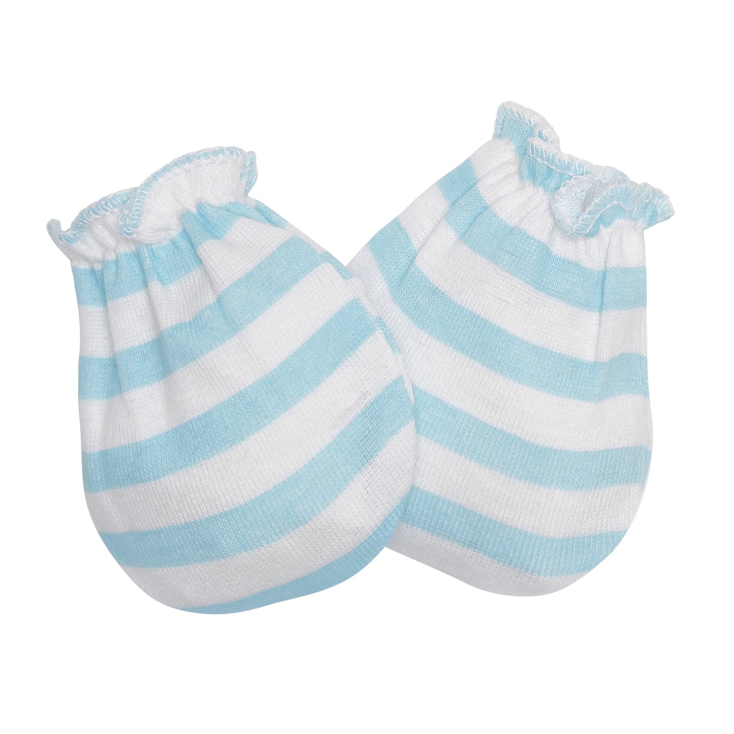 EVERYDAY KIDS 4 Pack of Baby No Scratch Mitten Pairs for Newborns and 4 Pack Baby Boy Hats; Newborn Hats for Boys in Light and Dark Solid Blue and Prints with Stripes and Woodland Fox and Bear Animals