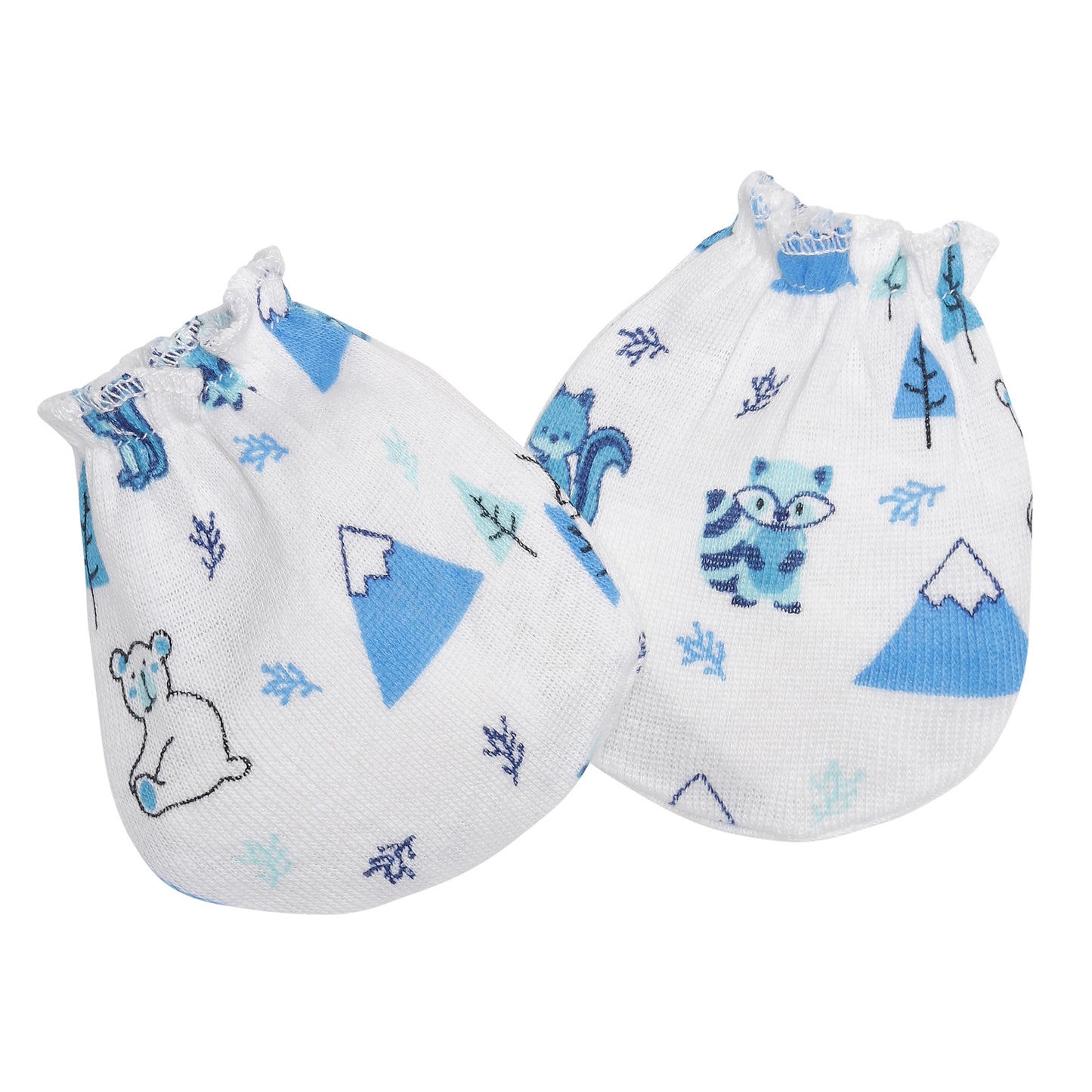 EVERYDAY KIDS 4 Pack of Baby No Scratch Mitten Pairs for Newborns and 4 Pack Baby Boy Hats; Newborn Hats for Boys in Light and Dark Solid Blue and Prints with Stripes and Woodland Fox and Bear Animals