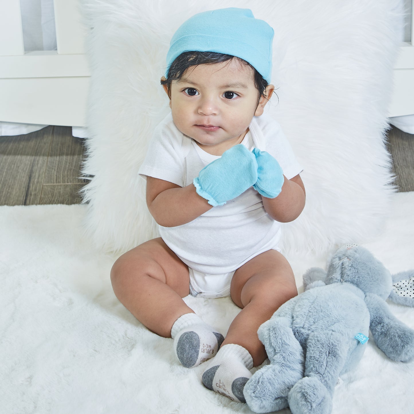 EVERYDAY KIDS 4 Pack of Baby No Scratch Mitten Pairs for Newborns and 4 Pack Baby Boy Hats; Newborn Hats for Boys in Light and Dark Solid Blue and Prints with Stripes and Woodland Fox and Bear Animals