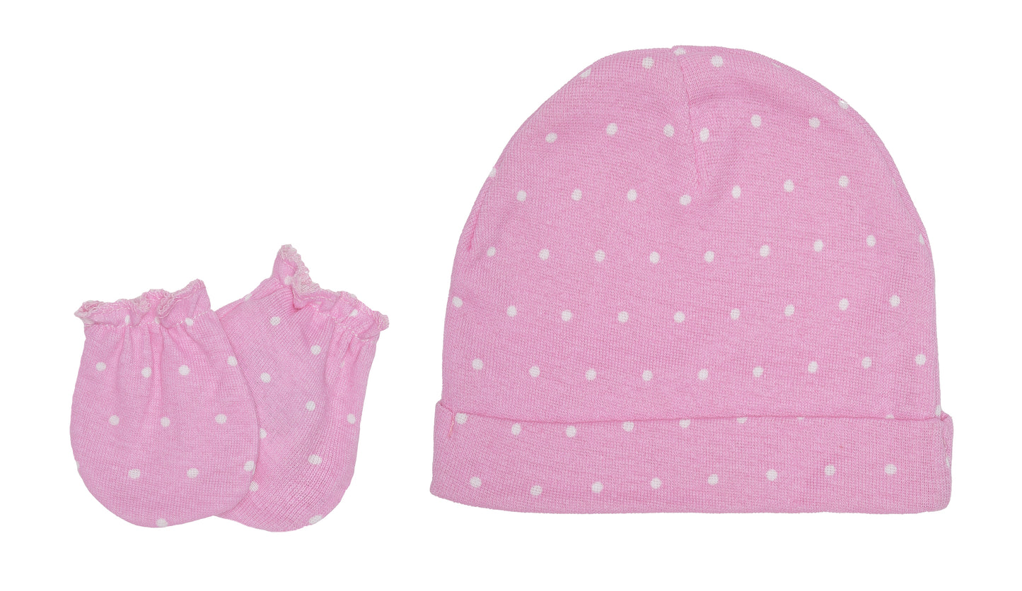 EVERYDAY KIDS 4 Pack of Baby No Scratch Mitten Pairs for Newborns and 4 Pack Baby Girl Hats; Newborn Hats for Girls in Light and Dark Solid Pink and Prints with Polka Dots and Owls and Fox Animals