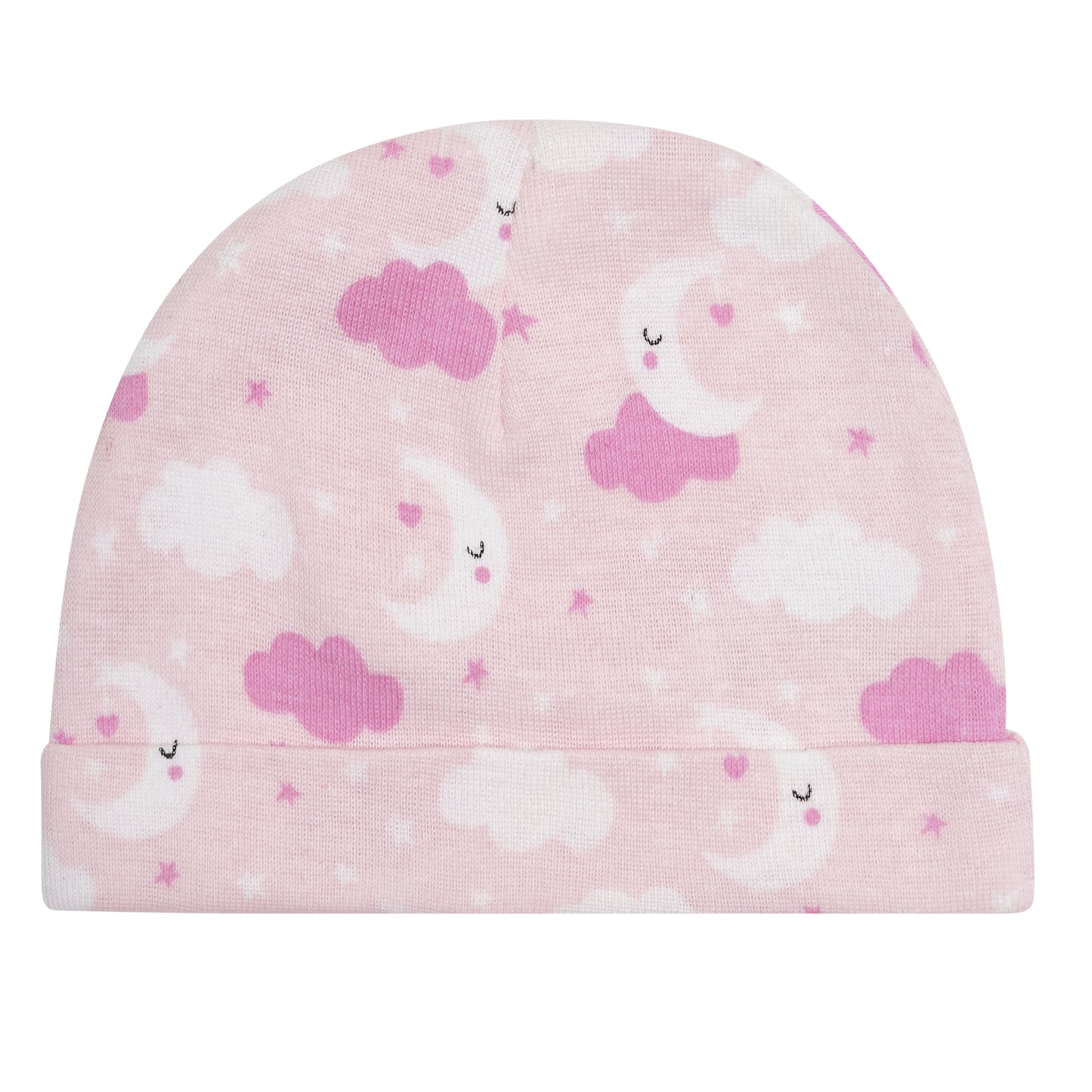 EVERYDAY KIDS 4 Pack of Baby No Scratch Mitten Pairs for Newborns and 4 Pack Baby Girl Hats; Newborn Hats for Girls in Light and Dark Solid Pink and Prints with Hearts and Celestial Stars, Clouds and Moons