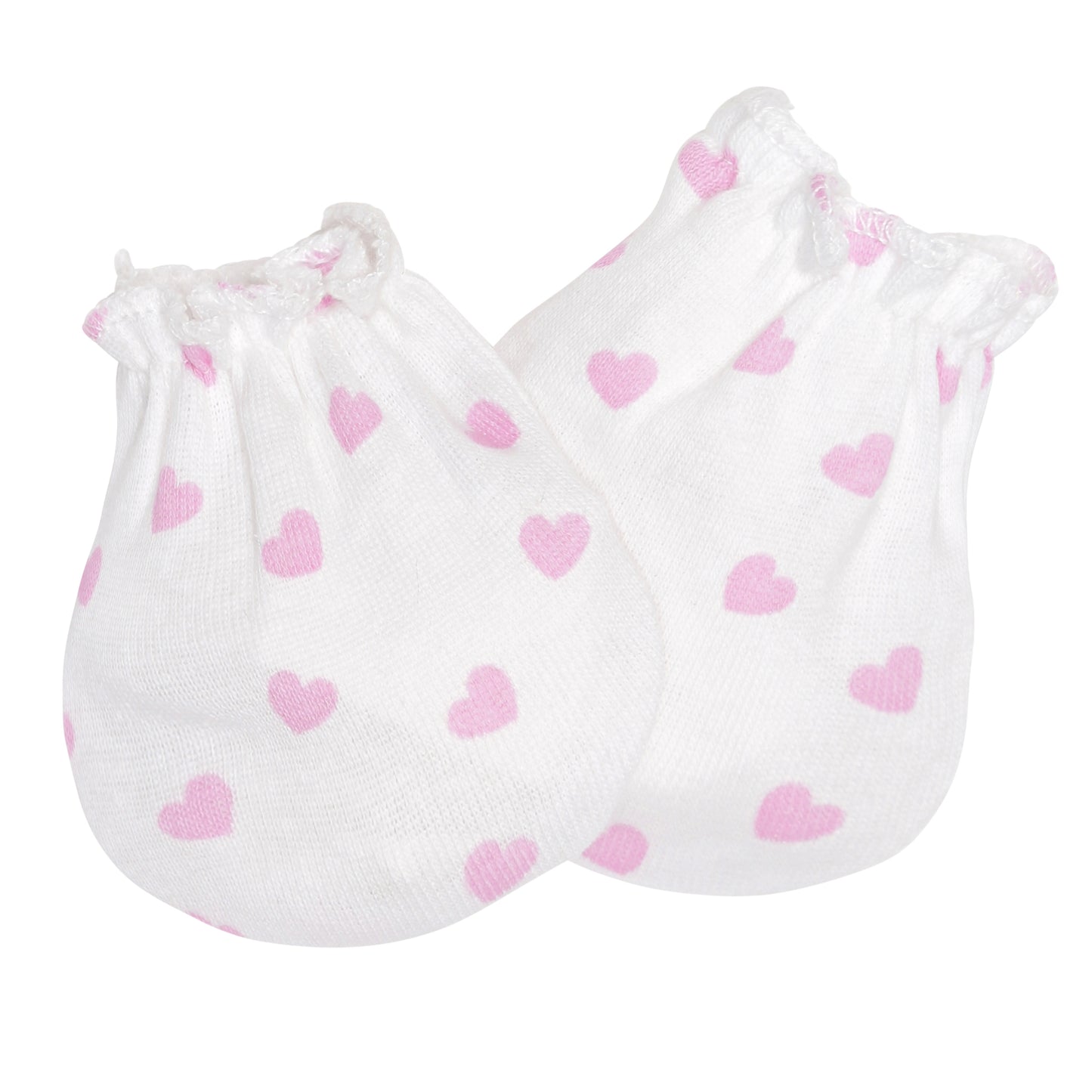 EVERYDAY KIDS 4 Pack of Baby No Scratch Mitten Pairs for Newborns and 4 Pack Baby Girl Hats; Newborn Hats for Girls in Light and Dark Solid Pink and Prints with Hearts and Celestial Stars, Clouds and Moons