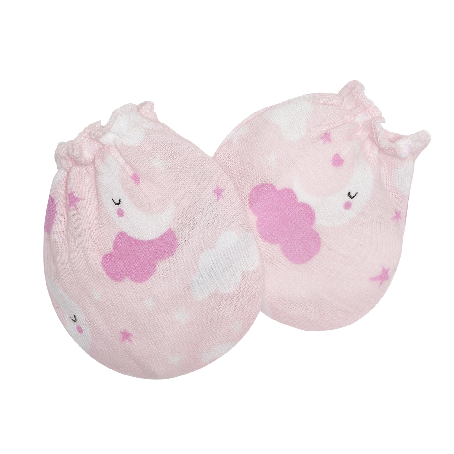 EVERYDAY KIDS 4 Pack of Baby No Scratch Mitten Pairs for Newborns and 4 Pack Baby Girl Hats; Newborn Hats for Girls in Light and Dark Solid Pink and Prints with Hearts and Celestial Stars, Clouds and Moons