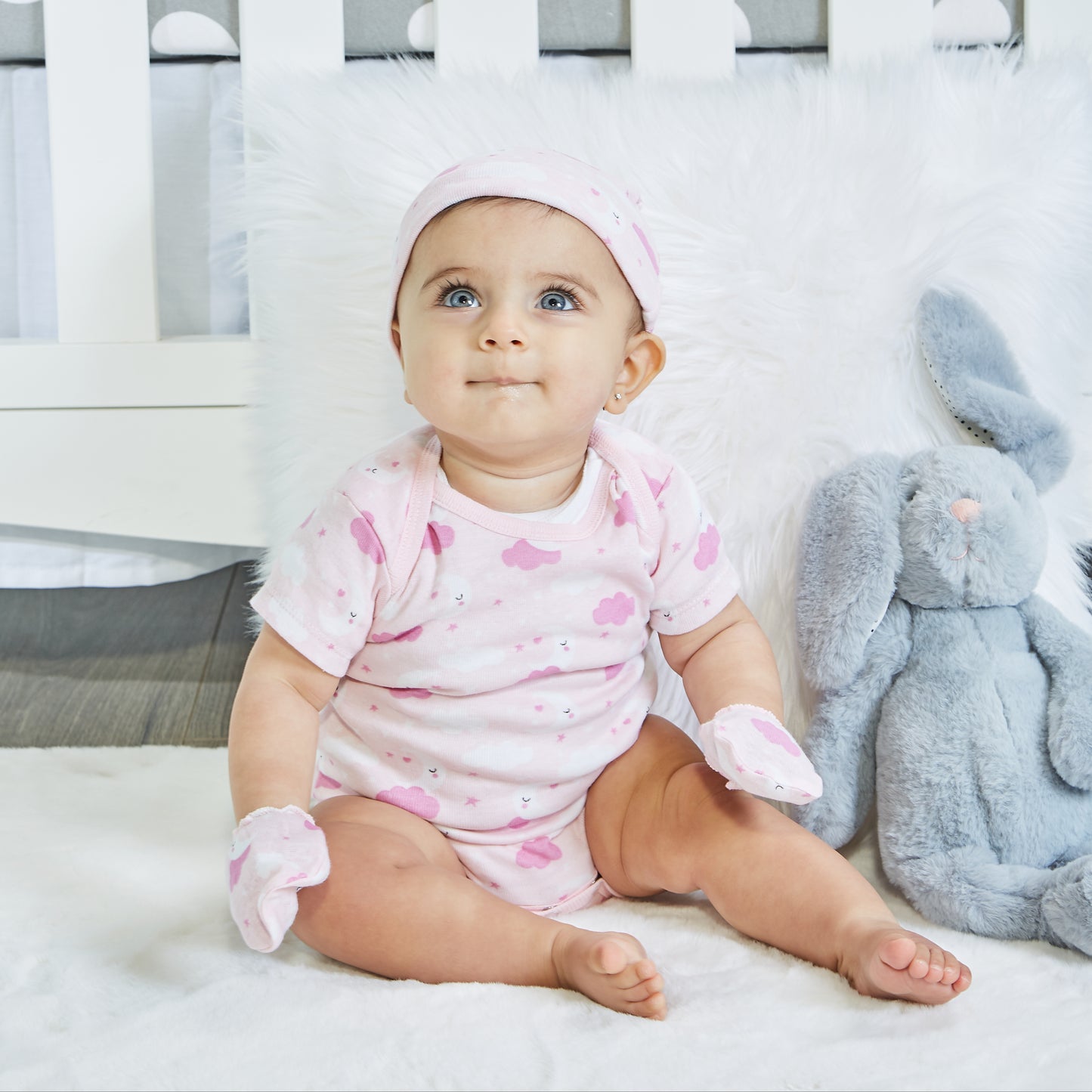 EVERYDAY KIDS 4 Pack of Baby No Scratch Mitten Pairs for Newborns and 4 Pack Baby Girl Hats; Newborn Hats for Girls in Light and Dark Solid Pink and Prints with Hearts and Celestial Stars, Clouds and Moons