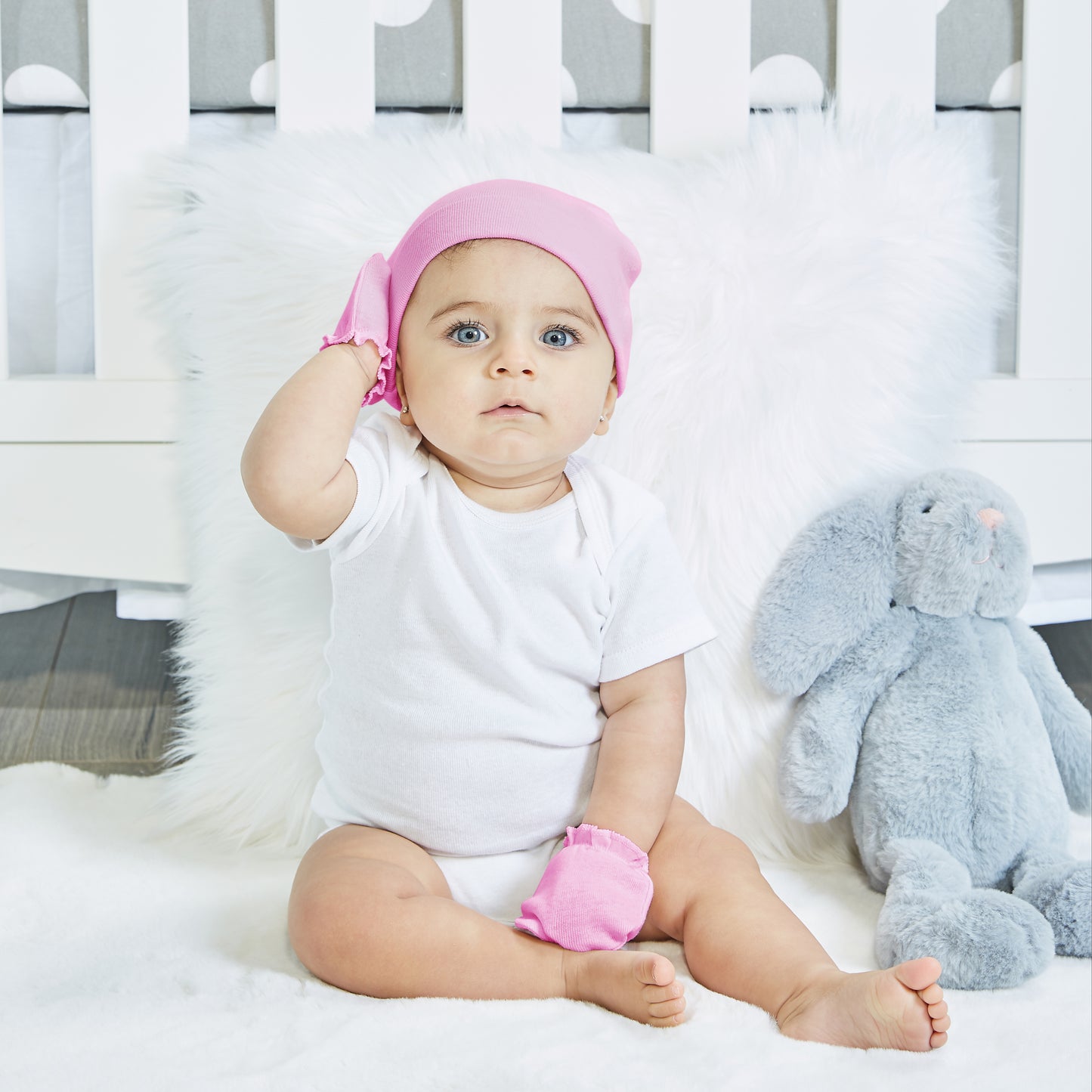 EVERYDAY KIDS 4 Pack of Baby No Scratch Mitten Pairs for Newborns and 4 Pack Baby Girl Hats; Newborn Hats for Girls in Light and Dark Solid Pink and Prints with Hearts and Celestial Stars, Clouds and Moons
