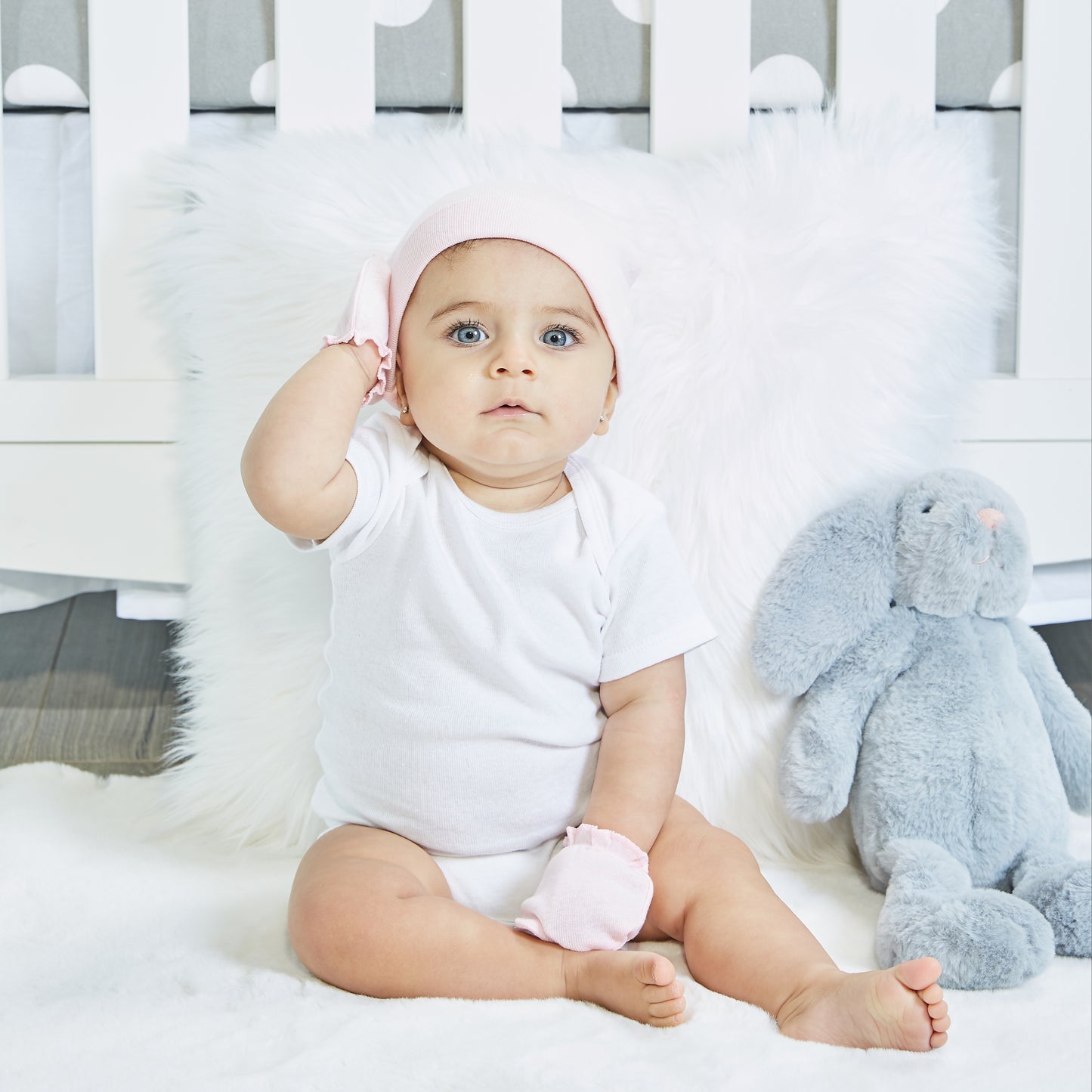 EVERYDAY KIDS 4 Pack of Baby No Scratch Mitten Pairs for Newborns and 4 Pack Baby Girl Hats; Newborn Hats for Girls in Light and Dark Solid Pink and Prints with Polka Dots and Owls and Fox Animals