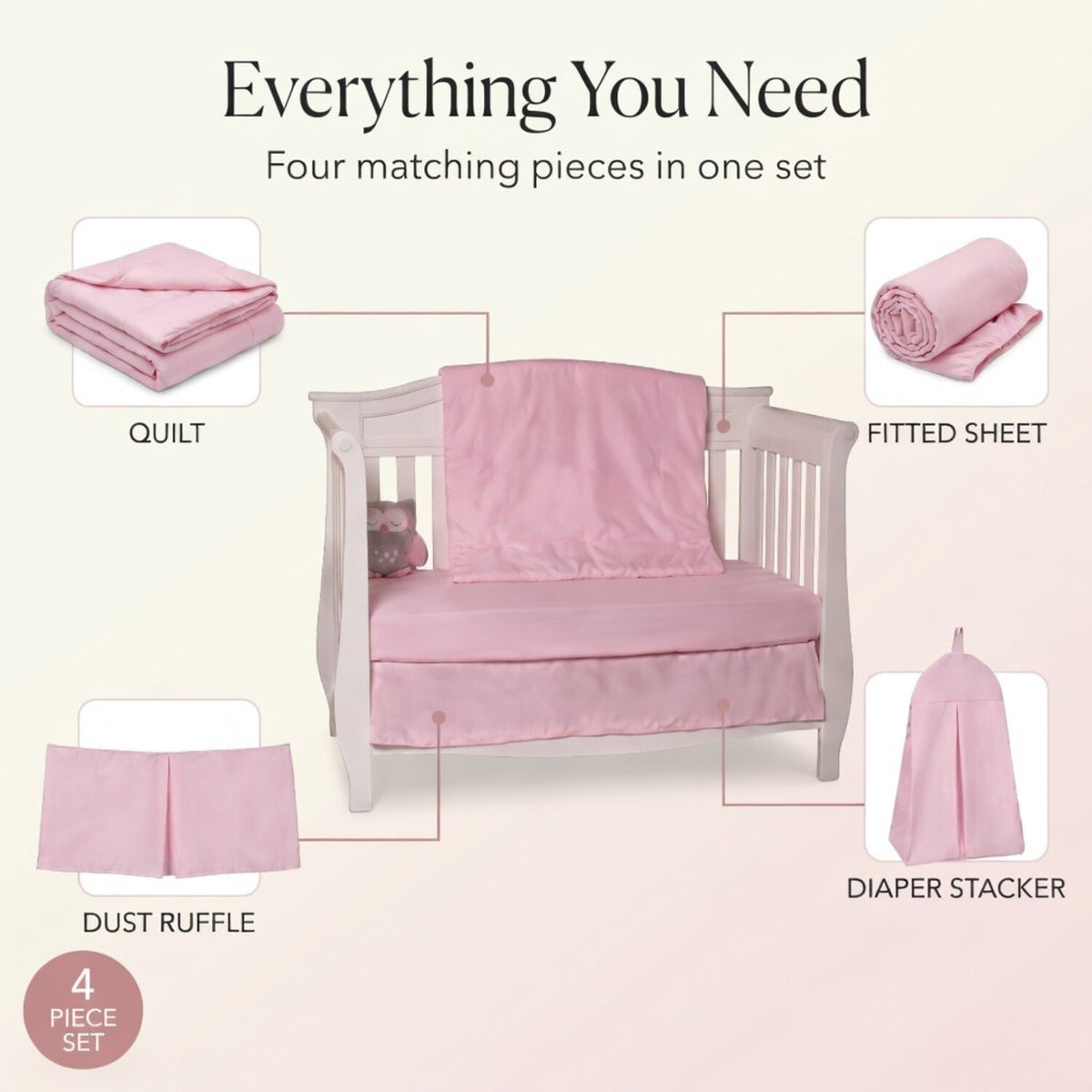 4 Piece Girls Crib Bedding Set - Pink