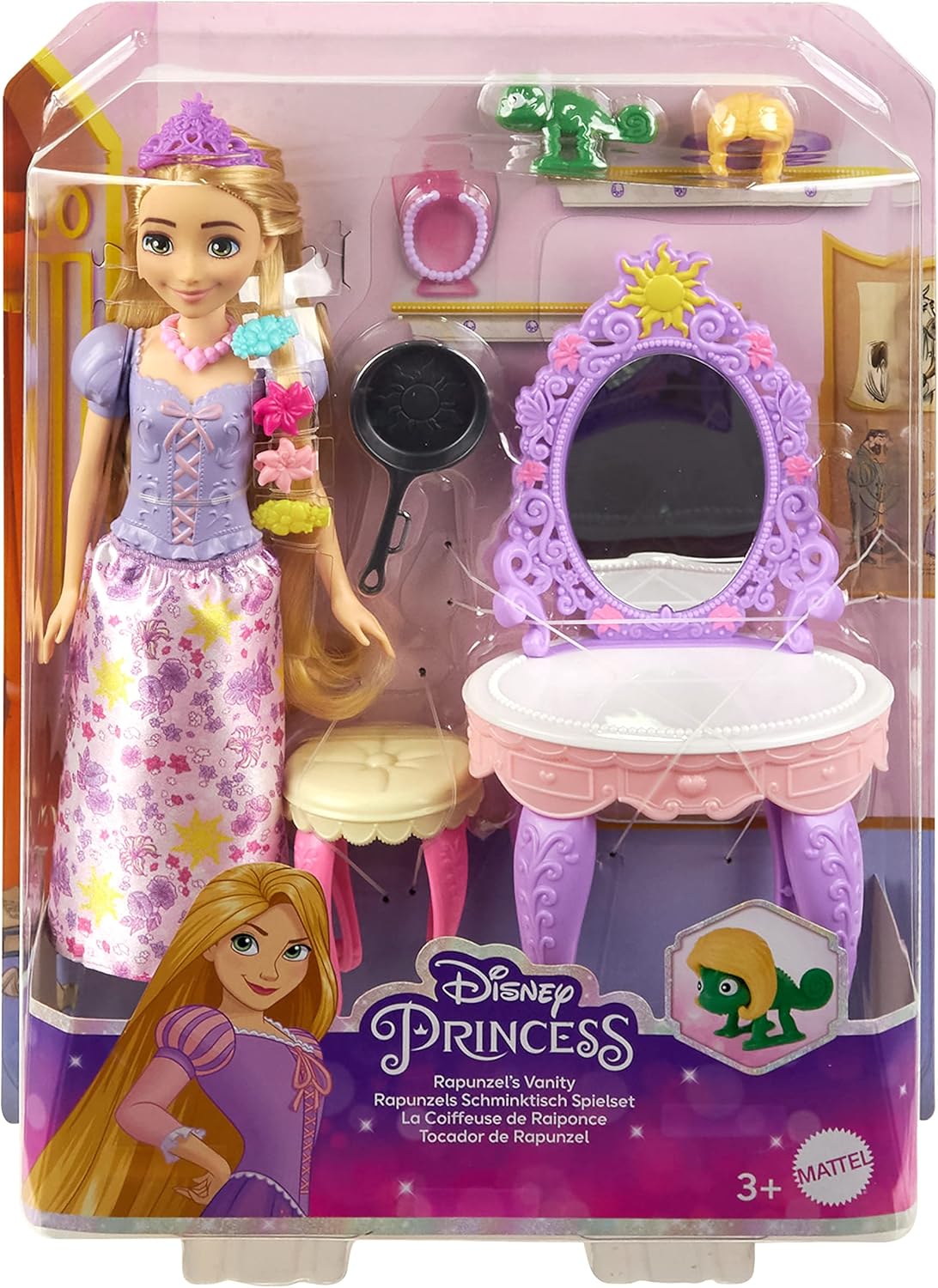 Disney Princess Rapunzel Fashion Doll with Vanity Mirror Stool and Hair Accessories Playset