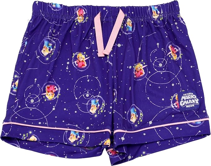 Super Mario Galaxy Movie Girls Short Sleeve Button-Up Pajama Set with Shorts, Purple Galaxy Print with Pink Piping, Sizes 4-10