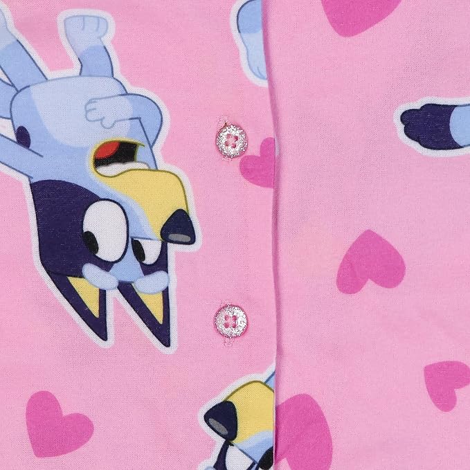 Bluey Girls Toddler Pajama Set Pink Button-Up Top and Pants Hearts Print Long Sleeve Coat Style Sleepwear Size 2T-4T