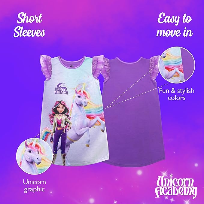 Unicorn Academy Girls Nightgown, Sofia and Wildstar Graphic Sleep Dress with Ruffle Flutter Sleeves, Purple and Lavender