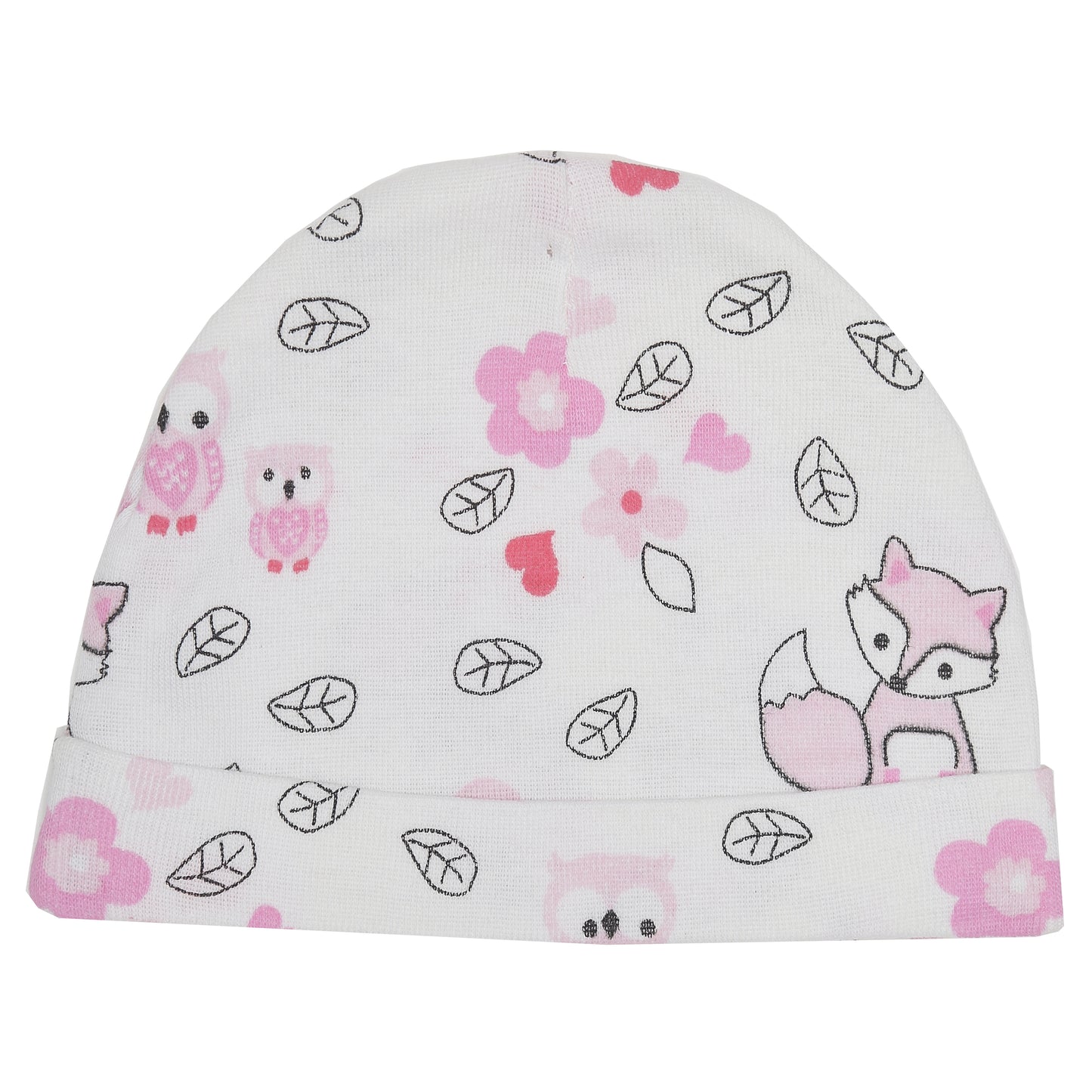 EVERYDAY KIDS 4 Pack of Baby No Scratch Mitten Pairs for Newborns and 4 Pack Baby Girl Hats; Newborn Hats for Girls in Light and Dark Solid Pink and Prints with Polka Dots and Owls and Fox Animals