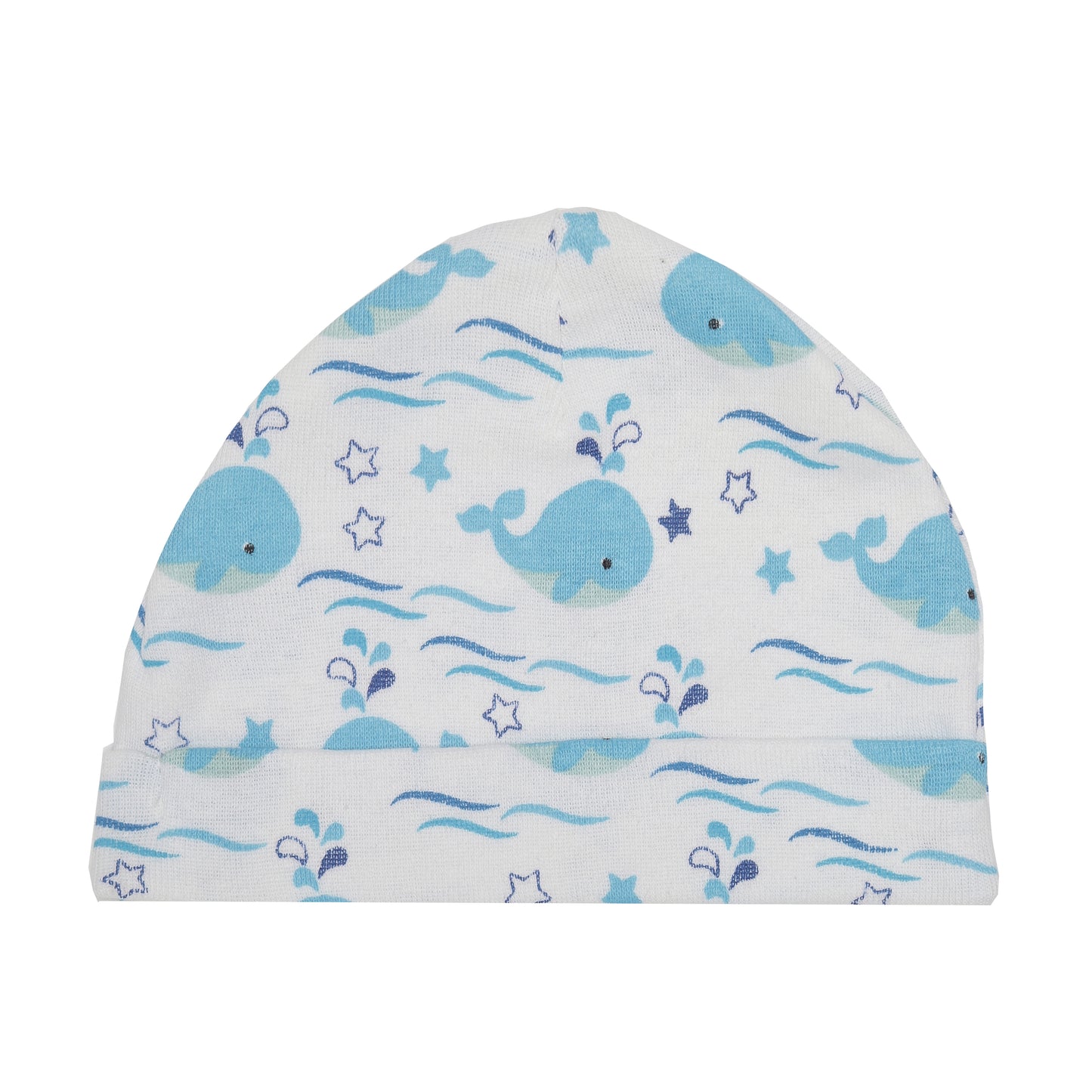 EVERYDAY KIDS 4 Pack of Baby No Scratch Mitten Pairs for Newborns and 4 Pack Baby Boy Hats; Newborn Hats for Boys in Light and Dark Solid Blue and Prints with Beach Whales and Celestial Stars