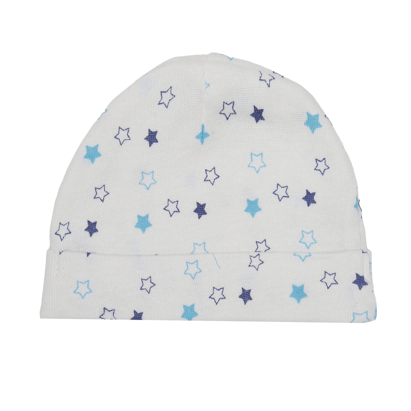 EVERYDAY KIDS 4 Pack of Baby No Scratch Mitten Pairs for Newborns and 4 Pack Baby Boy Hats; Newborn Hats for Boys in Light and Dark Solid Blue and Prints with Beach Whales and Celestial Stars