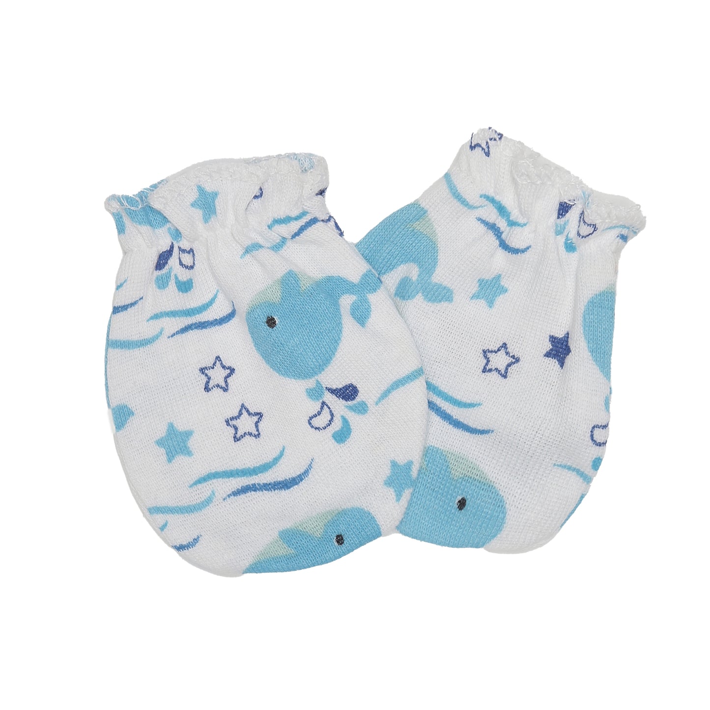 EVERYDAY KIDS 4 Pack of Baby No Scratch Mitten Pairs for Newborns and 4 Pack Baby Boy Hats; Newborn Hats for Boys in Light and Dark Solid Blue and Prints with Beach Whales and Celestial Stars