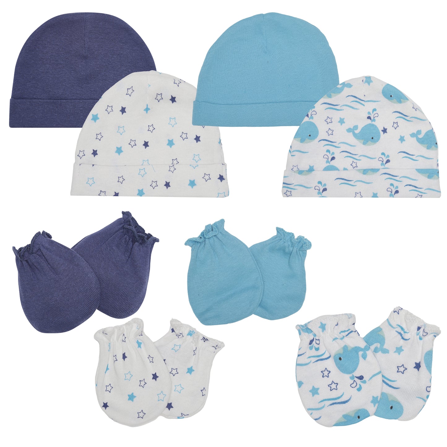 EVERYDAY KIDS 4 Pack of Baby No Scratch Mitten Pairs for Newborns and 4 Pack Baby Boy Hats; Newborn Hats for Boys in Light and Dark Solid Blue and Prints with Beach Whales and Celestial Stars