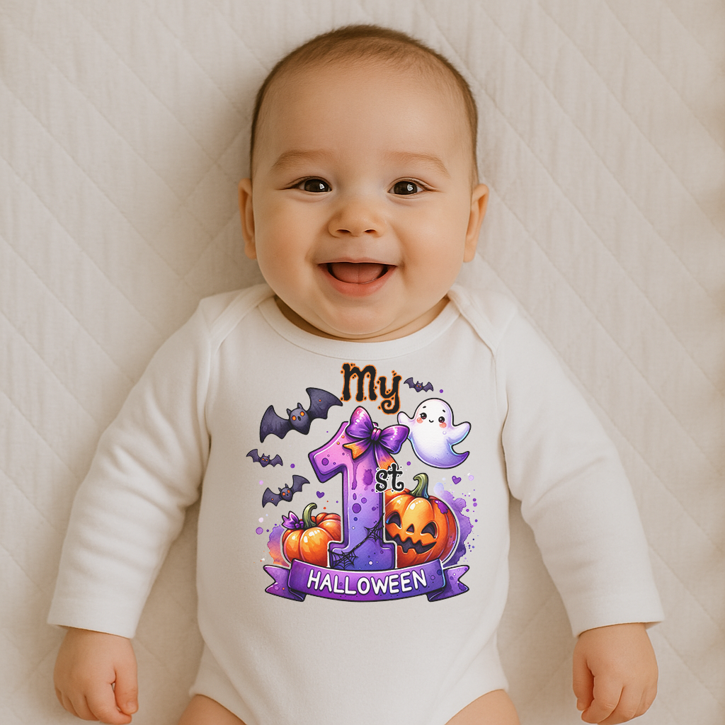 Everyday Kids “My 1st Halloween” Long Sleeve Baby Onesie – Cute Ghost, Pumpkin, and Bat Print – Soft Cotton Bodysuit for Newborns and Infants
