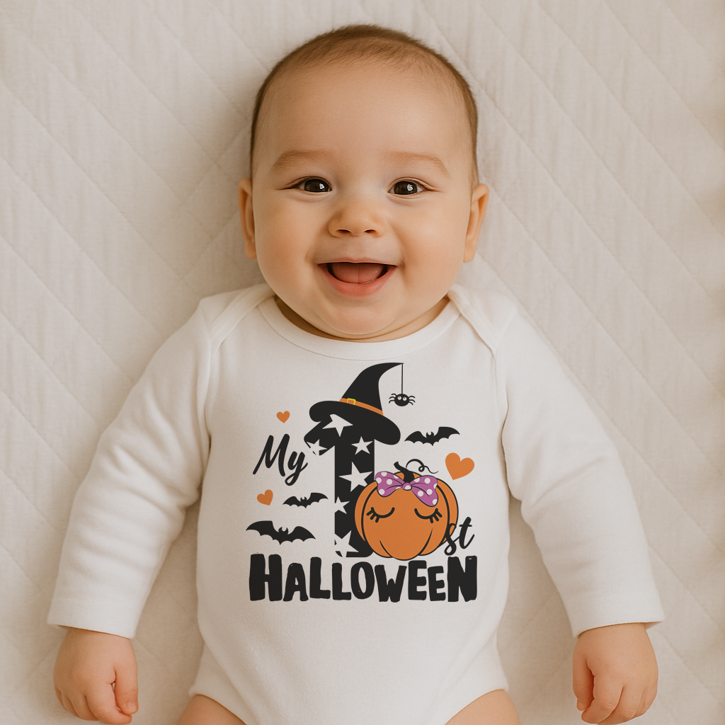 Everyday Kids “My 1st Halloween” Long Sleeve Baby Onesie – Cute Pumpkin and Witch Hat Design – Soft Cotton Bodysuit for Newborns and Infants