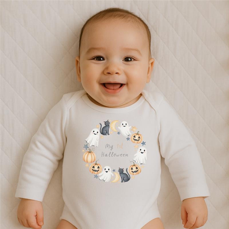 Everyday Kids “My 1st Halloween” Long Sleeve Baby Onesie – Cute Ghost and Pumpkin Print – Soft Cotton Bodysuit for Newborns and Infants