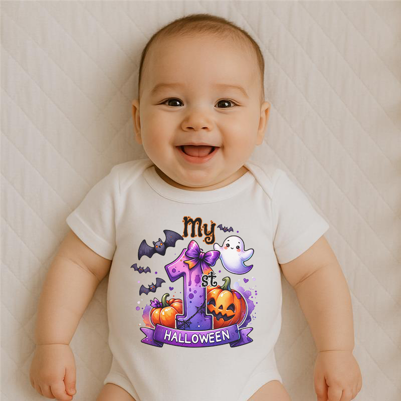 Everyday Kids “My 1st Halloween” Short Sleeve Baby Onesie – Cute Ghost, Pumpkin, and Bat Print – Soft Cotton Bodysuit for Newborns and Infants