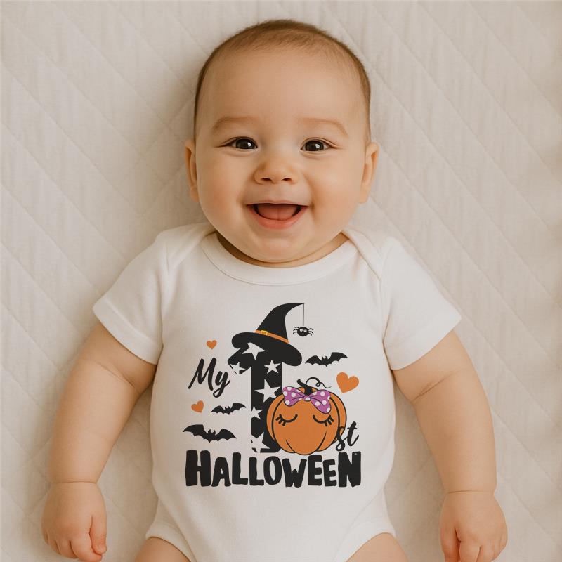 Everyday Kids “My 1st Halloween” Short Sleeve Baby Onesie – Cute Pumpkin and Witch Hat Design – Soft Cotton Bodysuit for Newborns and Infants