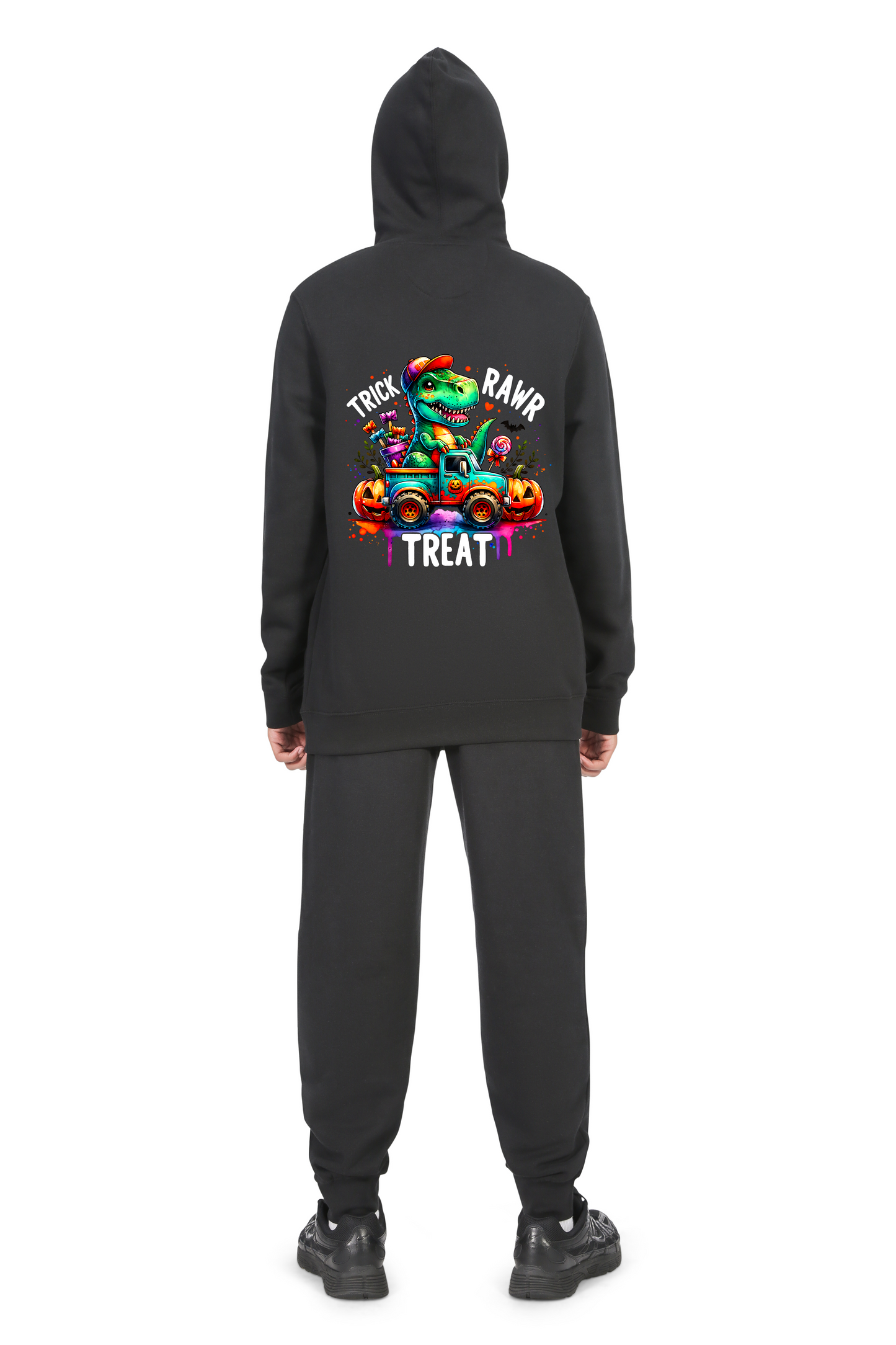 Everyday Kids “Trick RAWR Treat” Dinosaur Halloween Hoodie – Cute T-Rex Truck Graphic with Pumpkins & Candy – Fun Fall Pullover Sweatshirt for Boys, Black
