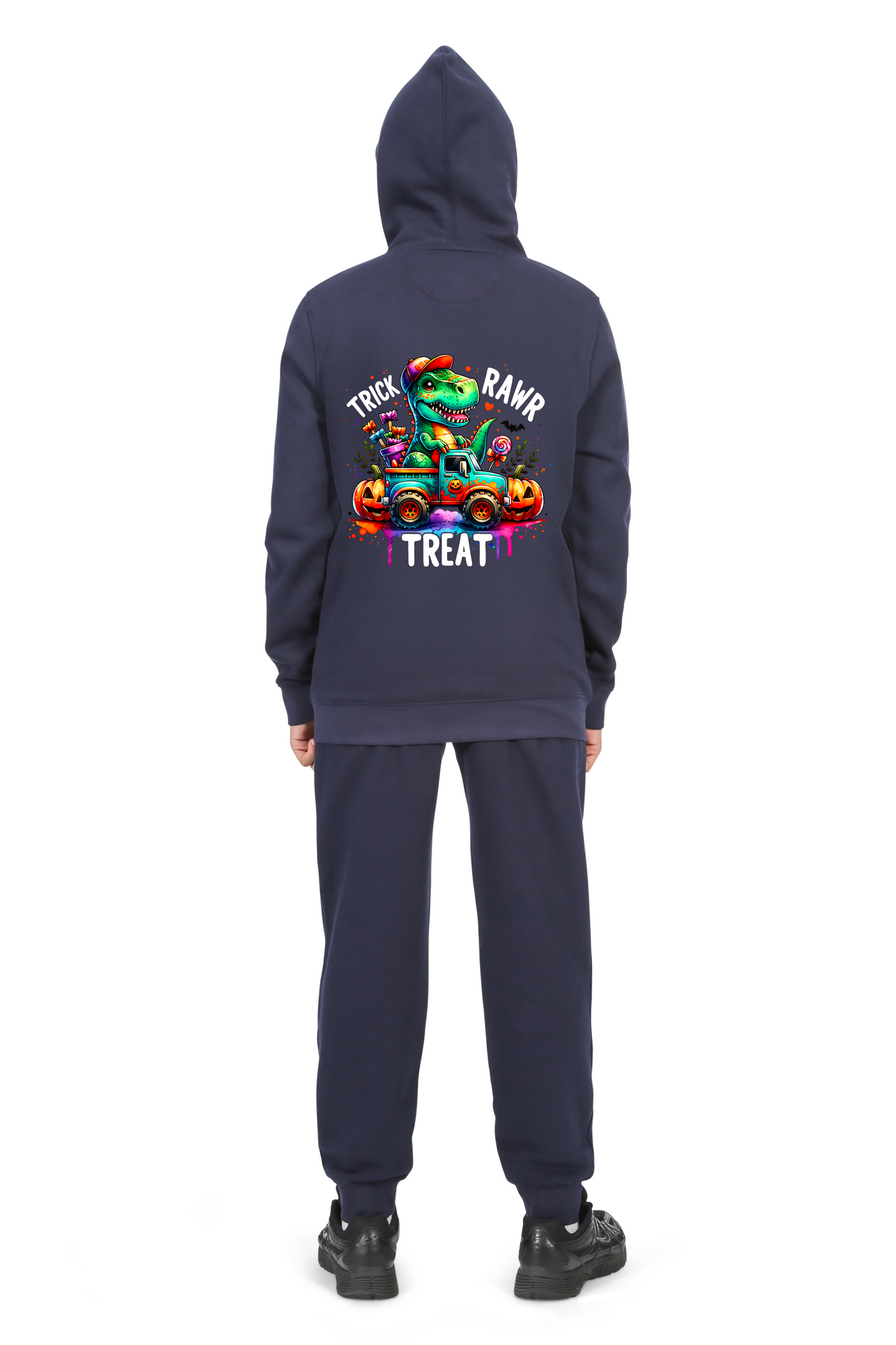 Everyday Kids “Trick RAWR Treat” Dinosaur Halloween Hoodie – Cute T-Rex Truck Graphic with Pumpkins & Candy – Fun Fall Pullover Sweatshirt for Boys, Navy
