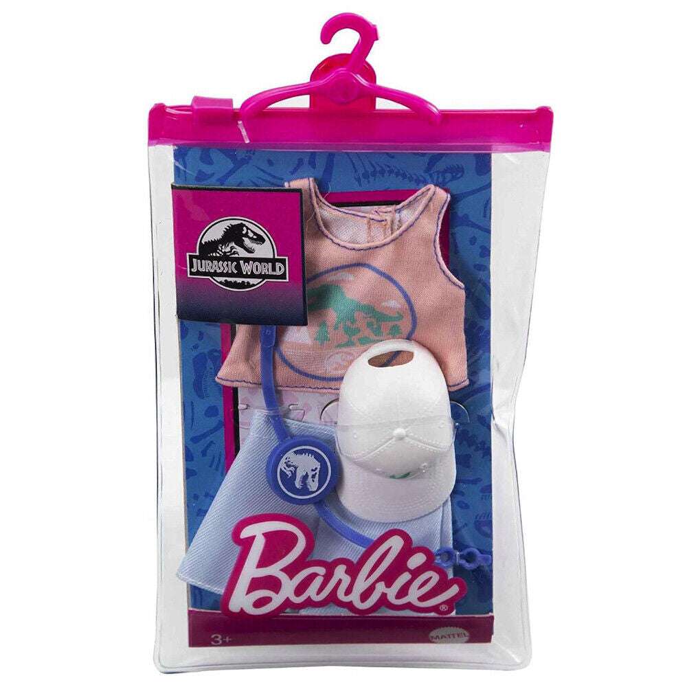 Barbie Doll Clothes, Inspired By Jurassic World: Dominion, Pink Tank Top, Blue Short & 2 Accessories