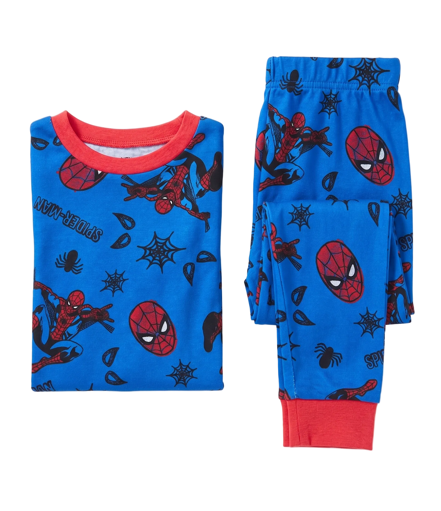 Marvel Spider-Man Boys 2-Piece Pajama Set, Short Sleeve All-Over Print Graphic Tee and Matching Pants, Royal Blue/Red