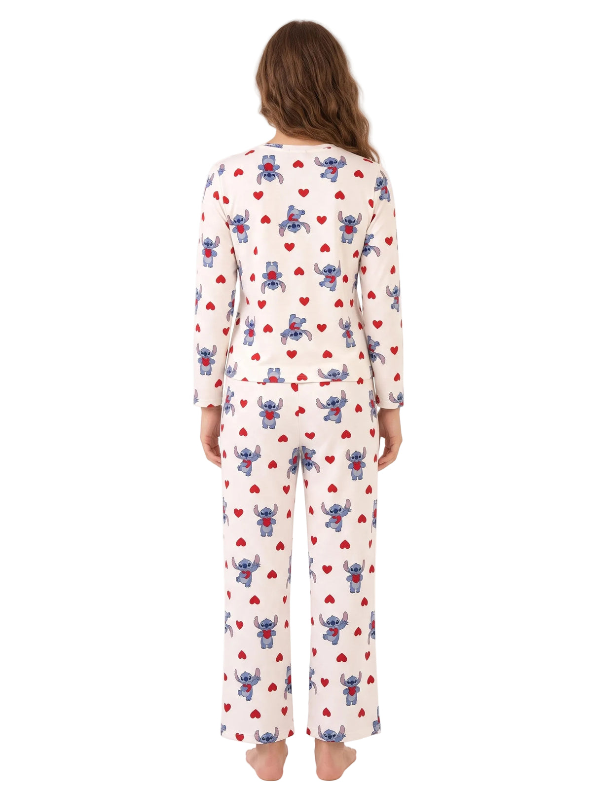 Disney Stitch Women's Pajama Set Long Sleeve Top and Pants with Red Hearts Print on Cream, Sizes S-XL