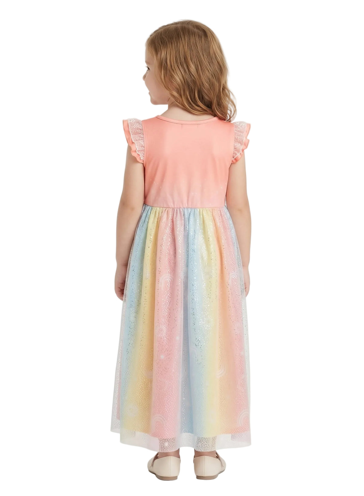Care Bears Girls Nightgown with Rainbow Tulle Skirt and Flutter Sleeves, Coral Pink Sleepwear for Kids, Sizes 2T- 10