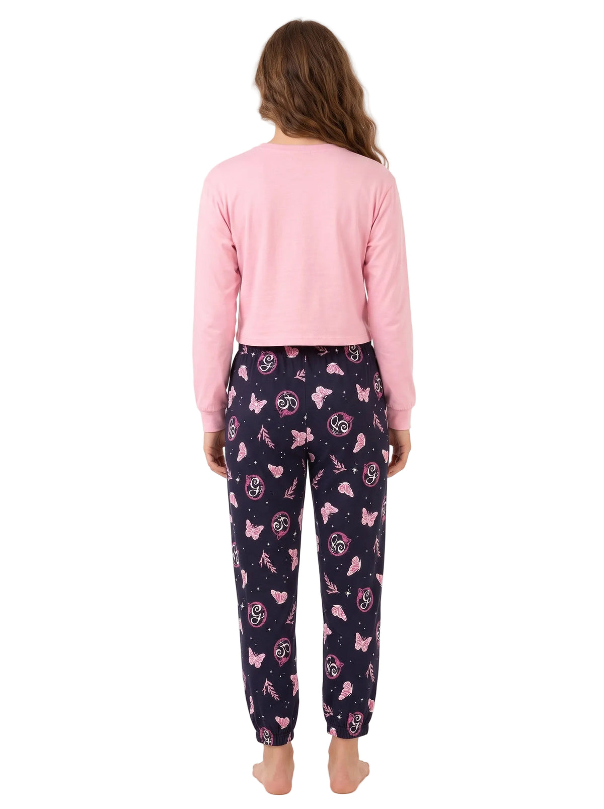 Wicked So Popular Women's Pajama Set Long Sleeve Pink Top and Navy Butterfly Print Jogger Pants Sleepwear Sizes S-XL