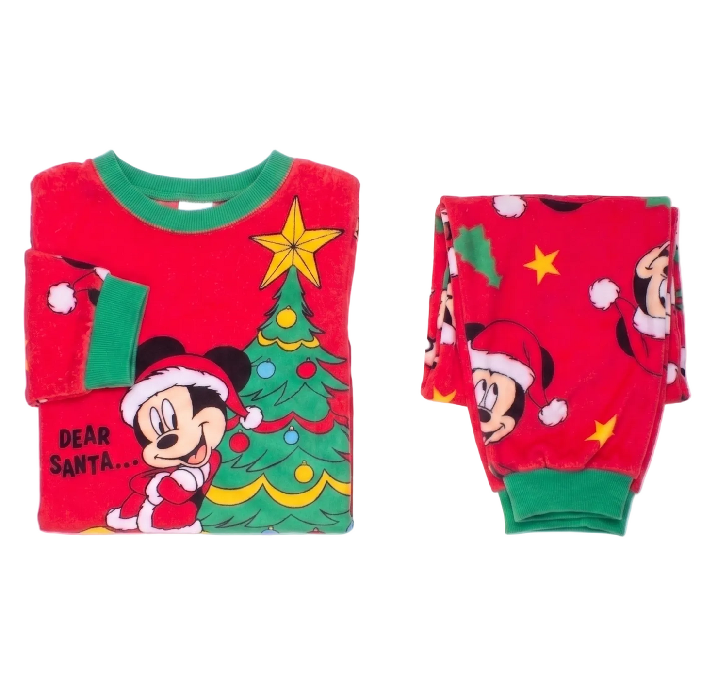 Disney Mickey Mouse Unisex 2-Piece Fleece Pajama Set, Long Sleeve "Dear Santa" Mickey and Christmas Tree Graphic Top and Pants