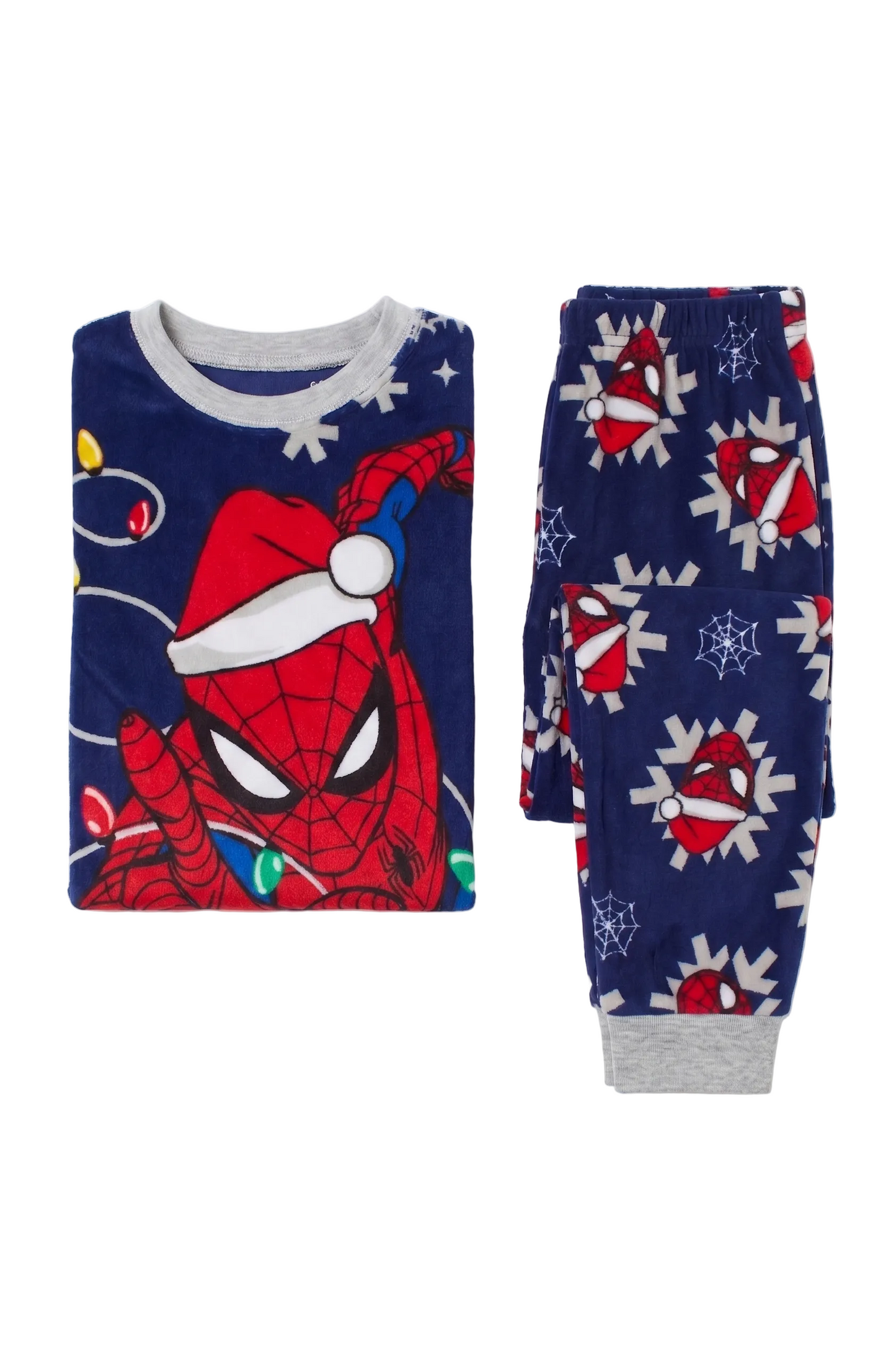 Marvel Spider-Man Boys 2-Piece Christmas Pajama Fleece Set, Long Sleeve Santa Hat Spidey and Holiday Lights Graphic Top and Pants, Navy Blue