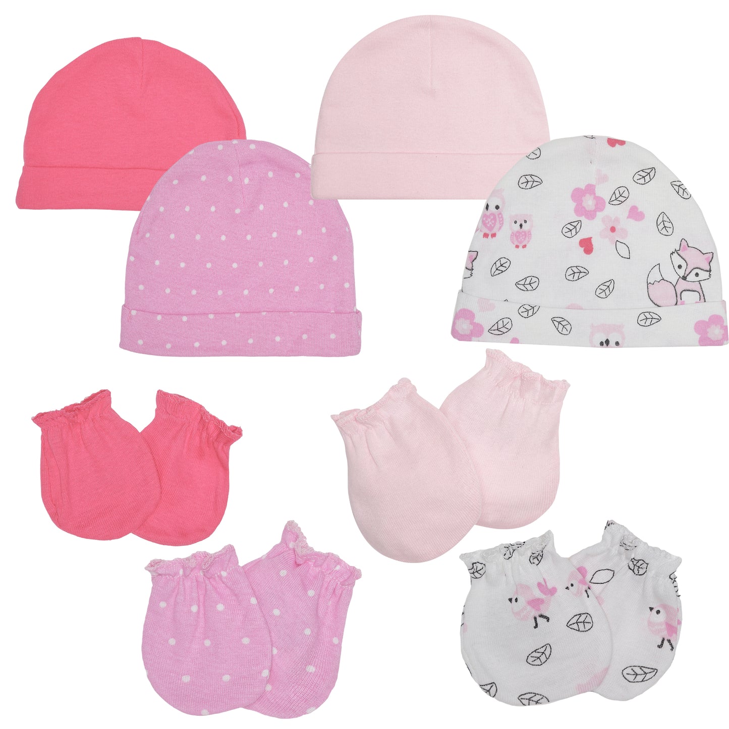 EVERYDAY KIDS 4 Pack of Baby No Scratch Mitten Pairs for Newborns and 4 Pack Baby Girl Hats; Newborn Hats for Girls in Light and Dark Solid Pink and Prints with Polka Dots and Owls and Fox Animals