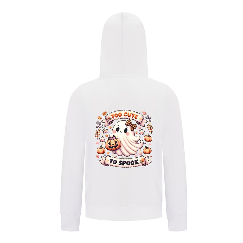 Everyday Kids “Too Cute To Spook” Halloween Zip Up Hoodie – Adorable Ghost with Pumpkin Lantern – Cozy Fall Sweatshirt for Girls, White