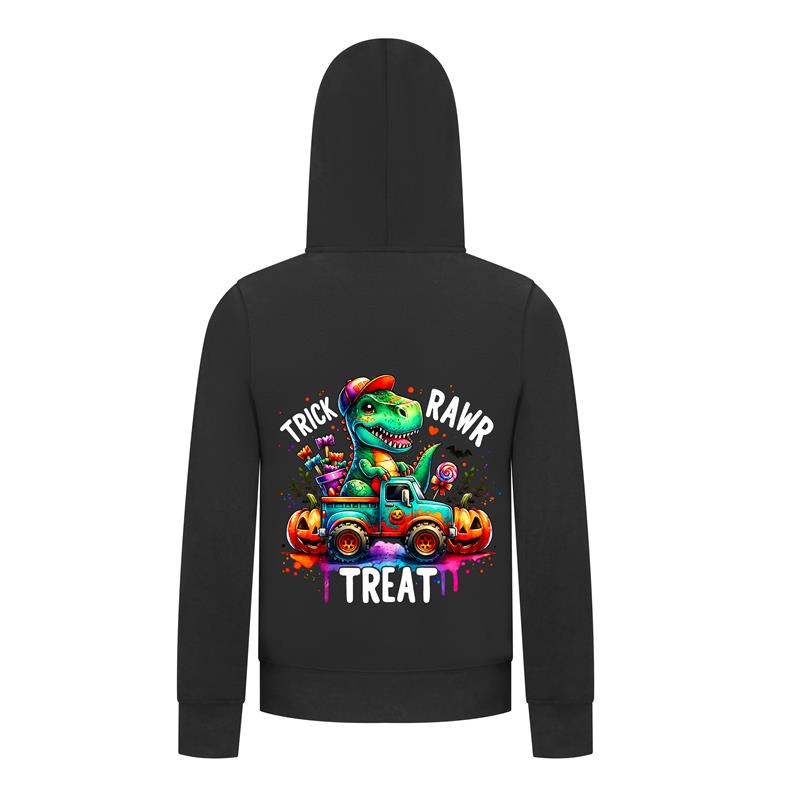 Everyday Kids “Trick RAWR Treat” Dinosaur Halloween Hoodie – Cute T-Rex Truck Graphic with Pumpkins & Candy – Fun Fall Pullover Sweatshirt for Boys, Black