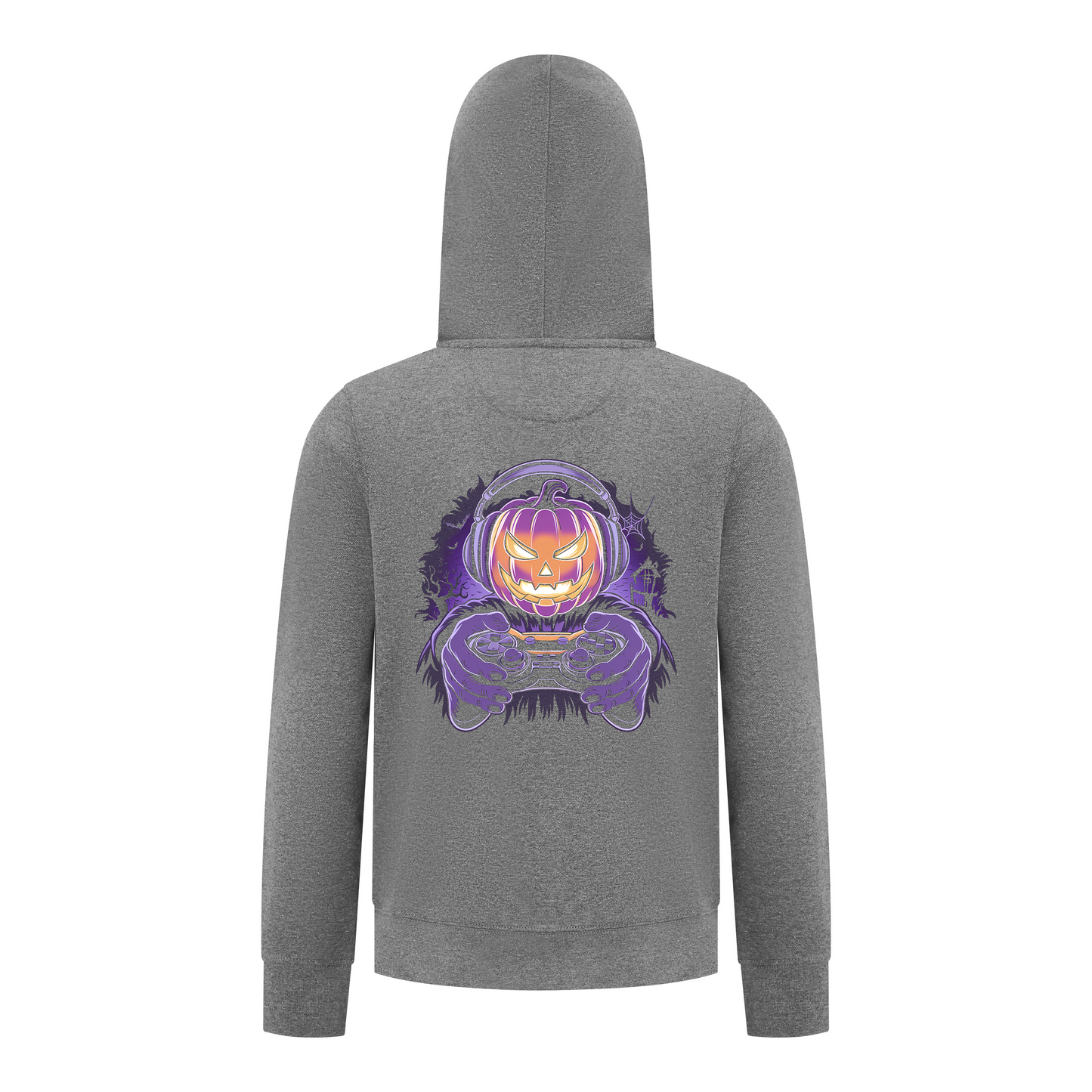 Everyday Kids Halloween Zip Up Hoodie – Gamer Pumpkin with Headphones and Controller – Cozy Fall Sweatshirt for Boys, Charcoal Gray