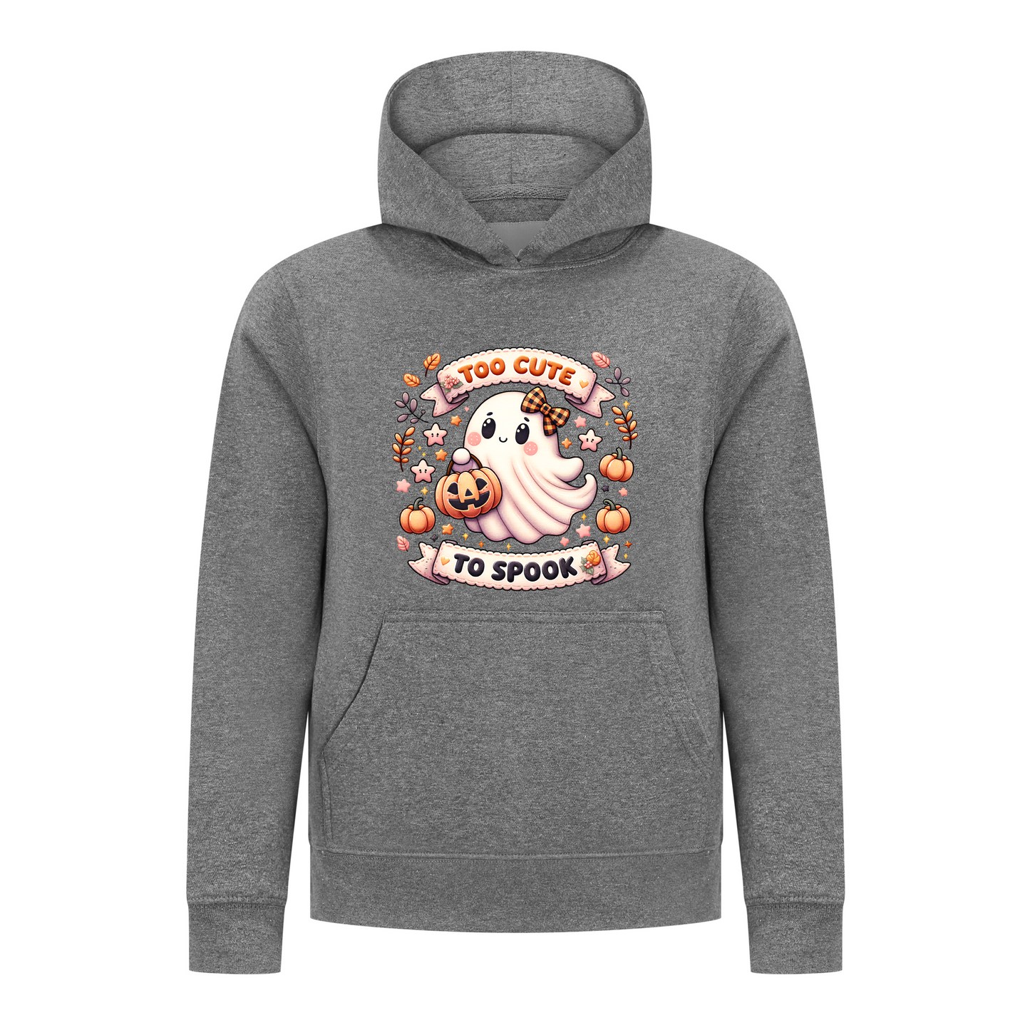 Everyday Kids “Too Cute To Spook” Halloween Pullover Hoodie – Adorable Ghost with Pumpkin Lantern – Cozy Fall Sweatshirt for Girls, Charcoal Gray