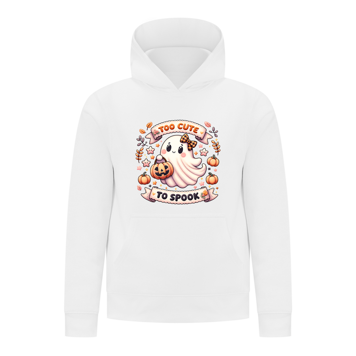 Everyday Kids “Too Cute To Spook” Halloween Pullover Hoodie – Adorable Ghost with Pumpkin Lantern – Cozy Fall Sweatshirt for Girls, White