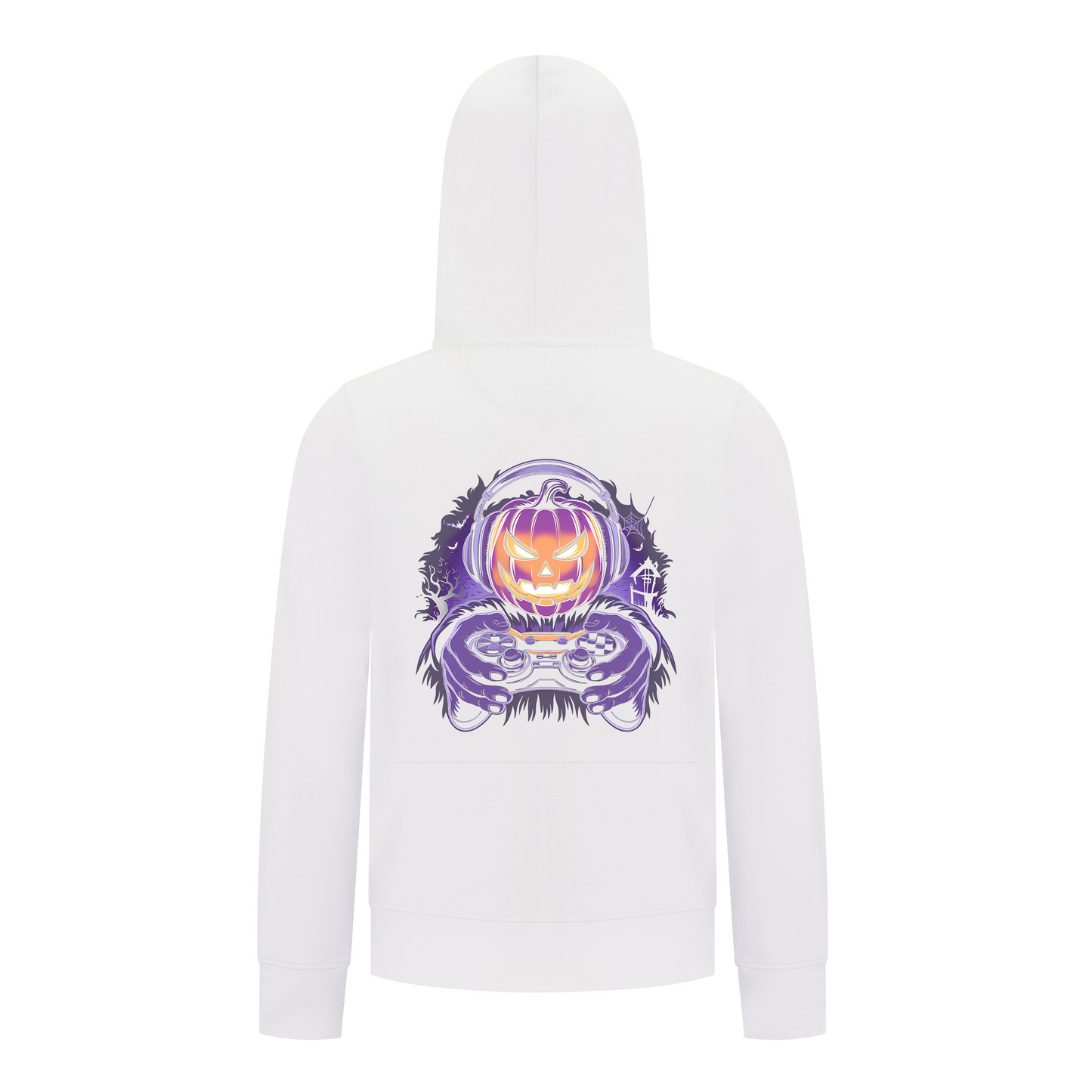 Everyday Kids Halloween Zip Up Hoodie – Gamer Pumpkin with Headphones and Controller – Cozy Fall Sweatshirt for Boys, White