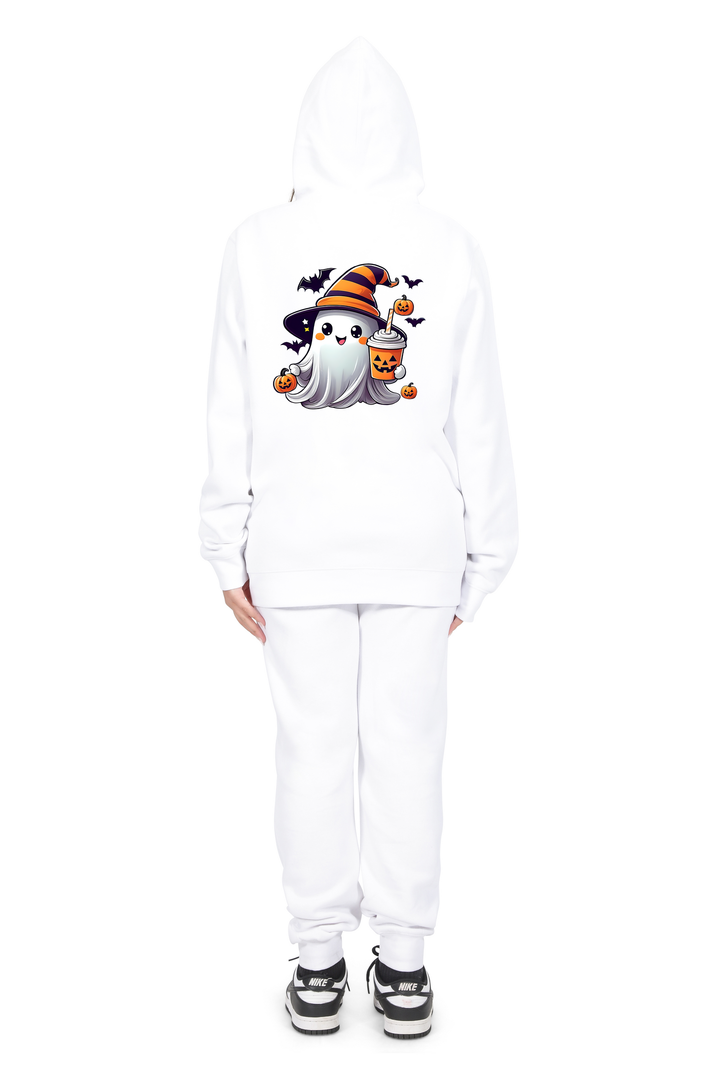 Everyday Kids Halloween Zip Up Hoodie – Cute Ghost with Witch Hat and Pumpkin Drink – Cozy Fall Sweatshirt for Girls, White