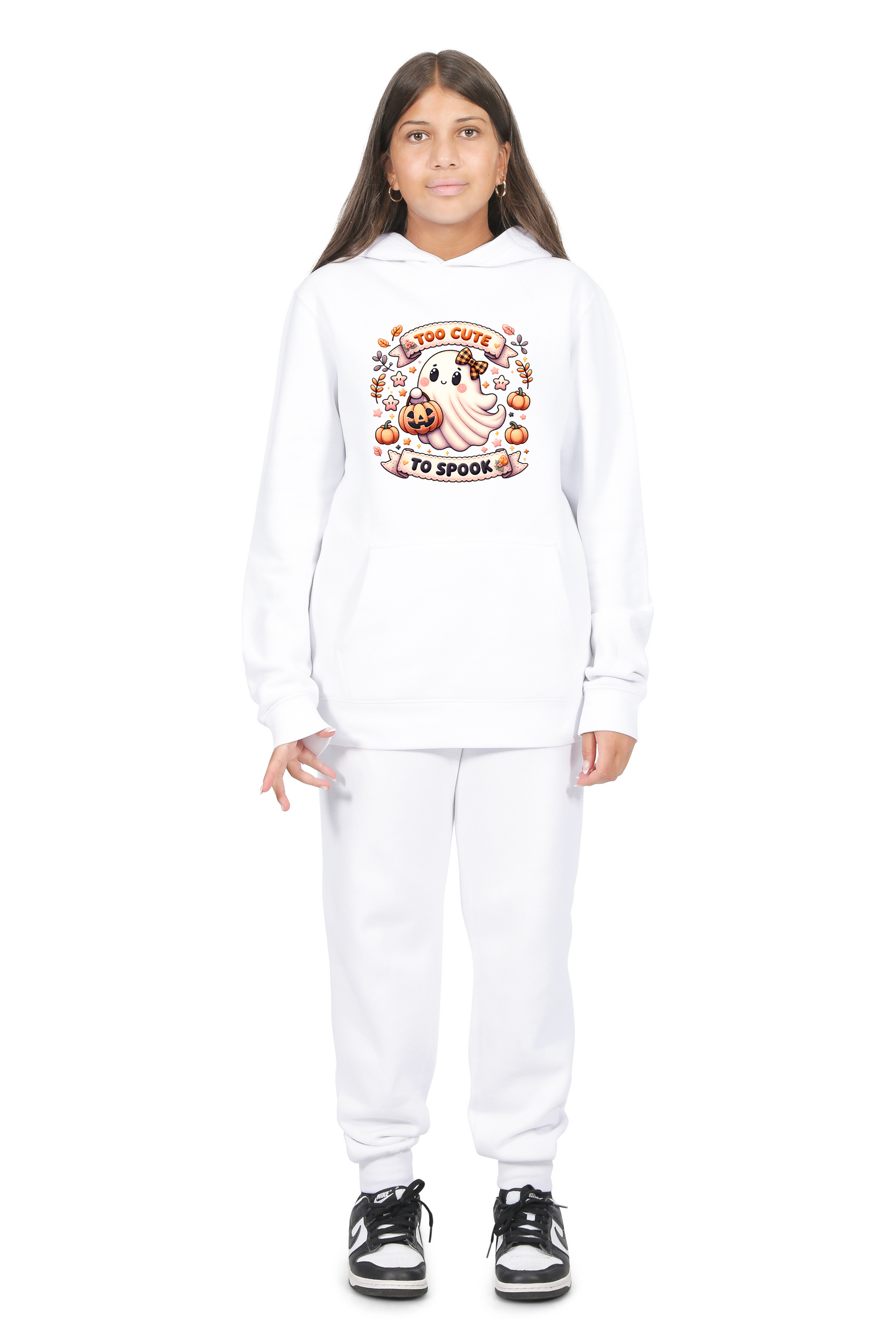 Everyday Kids “Too Cute To Spook” Halloween Pullover Hoodie – Adorable Ghost with Pumpkin Lantern – Cozy Fall Sweatshirt for Girls, White